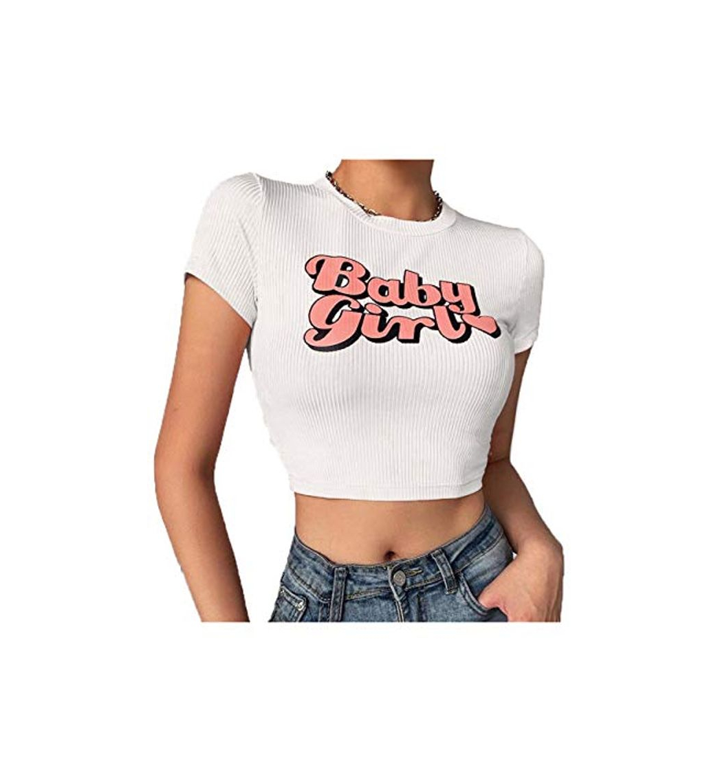 Moda Camiseta básica Informal de Manga Corta con Estampado de Letras y Cuello