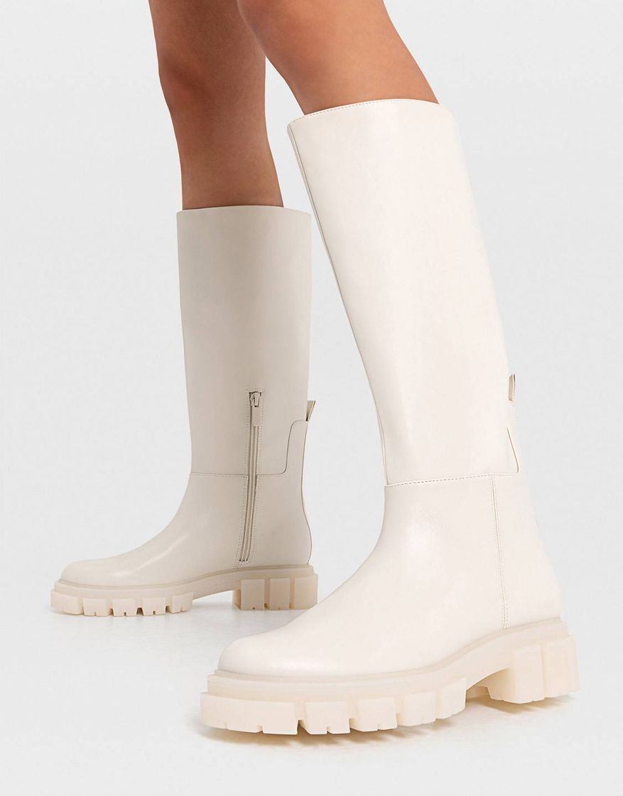 Fashion Stradivarius knee boots with chunky sole in cream