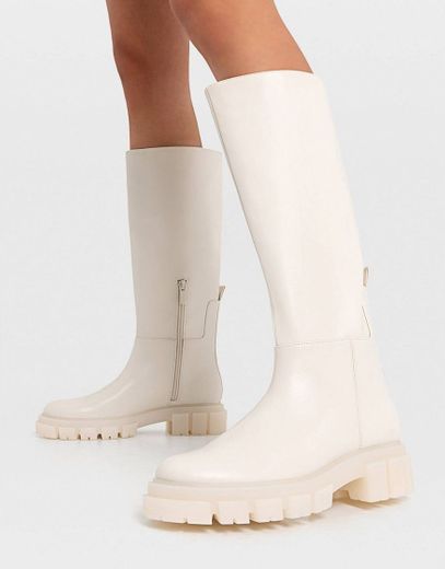 Stradivarius knee boots with chunky sole in cream