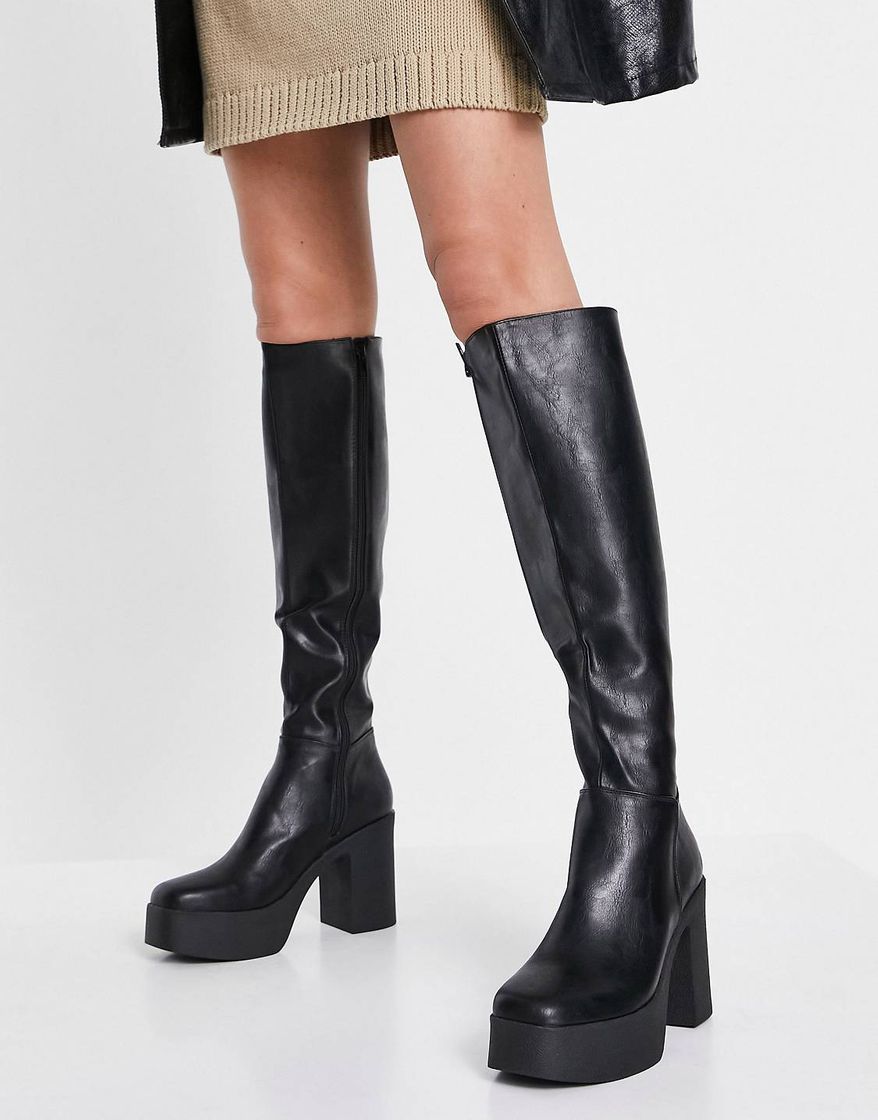 Fashion Lamoda knee high chunky heel boots in black