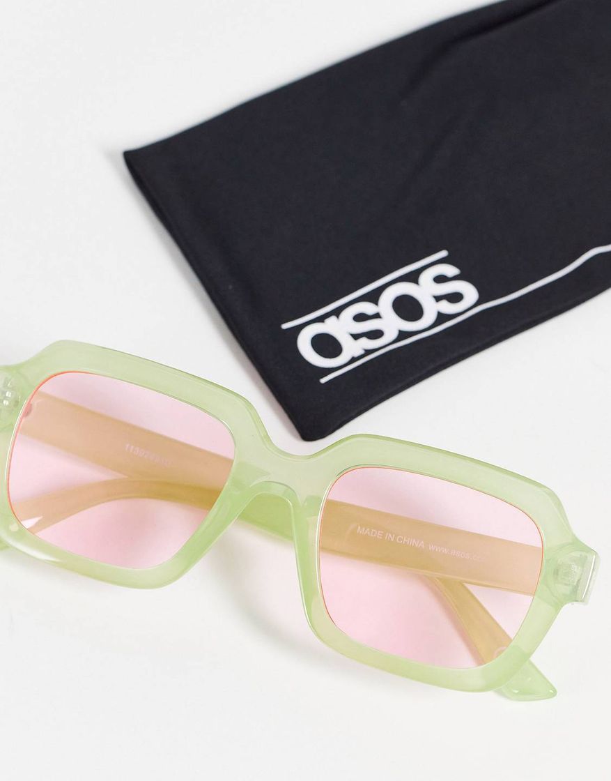 Fashion ASOS DESIGN recycled bevelled angular square sunglasses in milky green