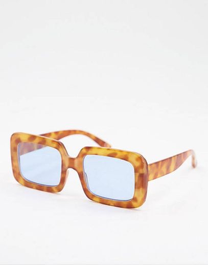 ASOS DESIGN recycled chunky 70s sunglasses in tort with blue lens