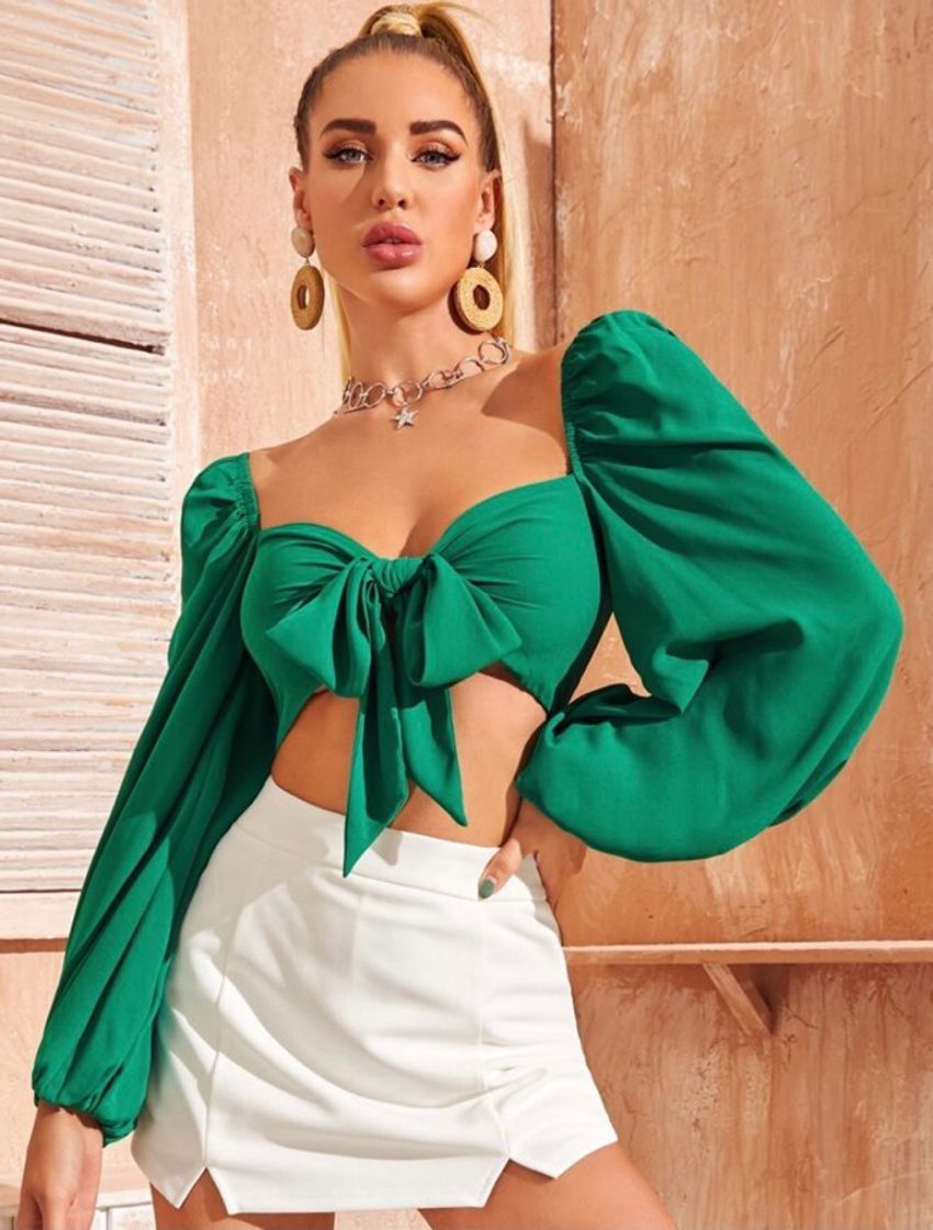 Fashion SHEIN Verde Nó Na Gola Simples Boho Top