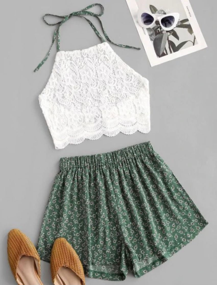 Fashion Conjunto De Duas Peças De Short Crochê Com 