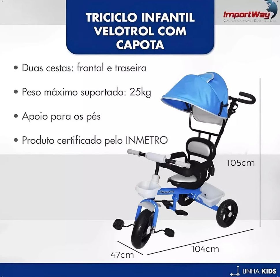 Fashion Triciclo Infantil Com Cestinha Capota Removível e Empurrador Velotrol 2 em 1 Azul Até 25Kg ImportWay - BW084AZ