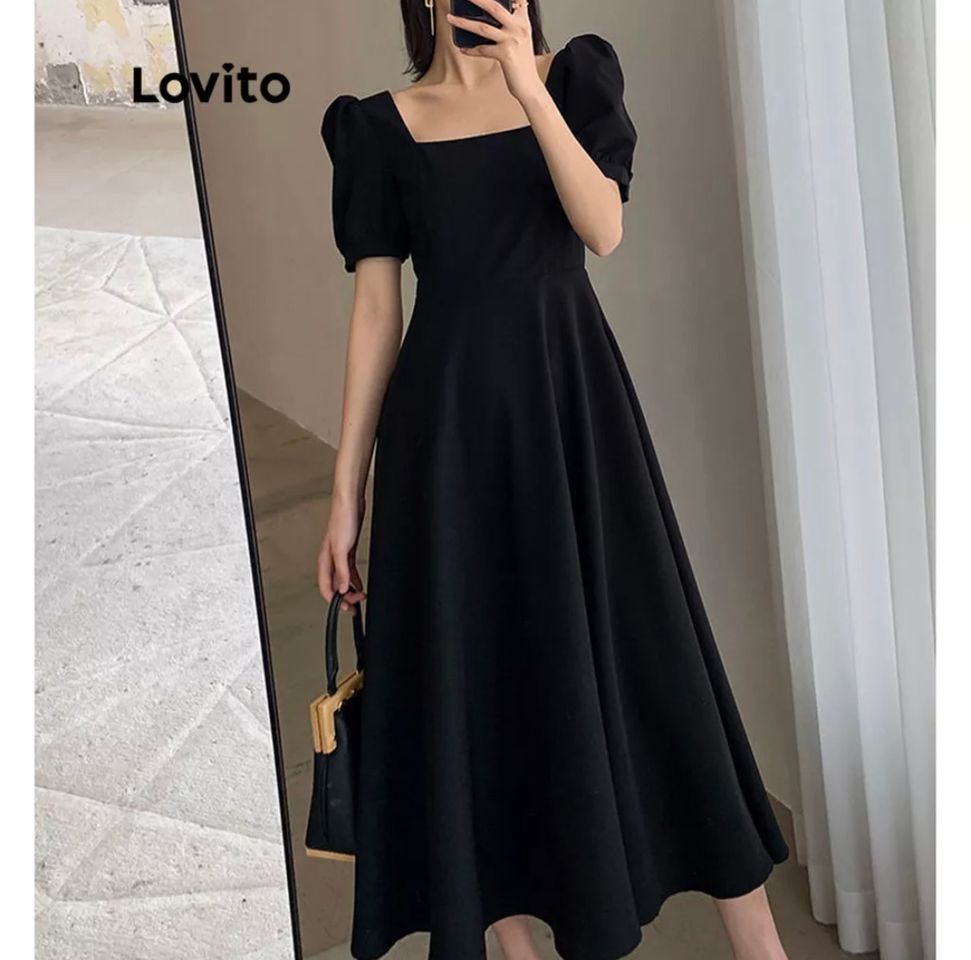 Fashion Lovito Elegante Vestido Feminino Liso Com Gola Quadrada E Manga Bufante LNE01046