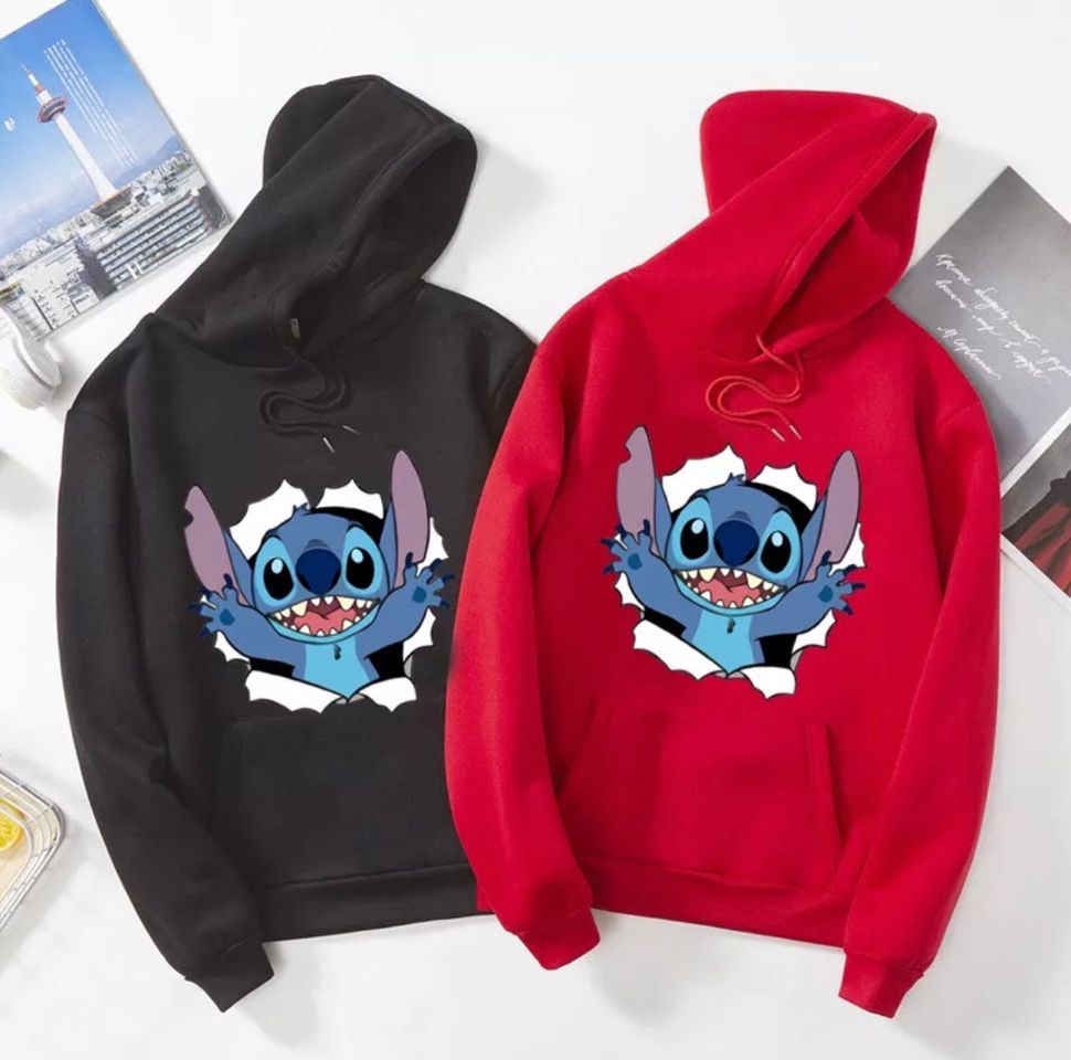 Fashion Blusa Moletom Canguru Lilo Stitch Desenho Feminino Capuz Com Bolso Anime