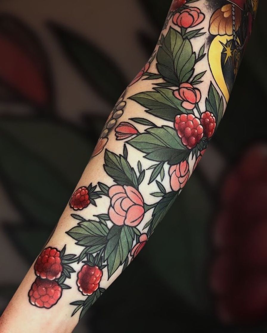 Fashion Tattoo Snob on Instagram: “Fruit, Flowers, and a Bee tattoo by ...