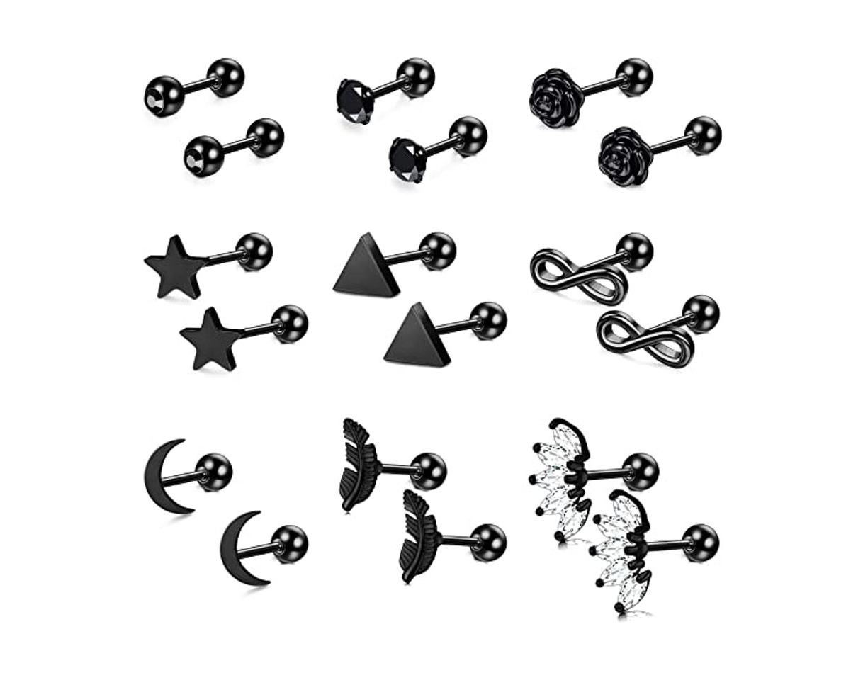 Fashion YADOCA 10 Pares 16G Pendientes de Cartílago de Oreja de Acero Inoxidable Tragus Helix Barbell Corazón Flor Pendientes de aro de plumas Cubic Zirconia Con incrustaciones de cartílago Stud para hombres