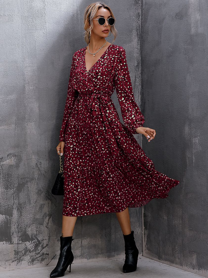 Fashion Surplice Neck Allover Print Belted Dress | SHEIN USA