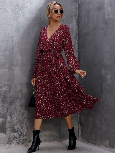 Surplice Neck Allover Print Belted Dress | SHEIN USA