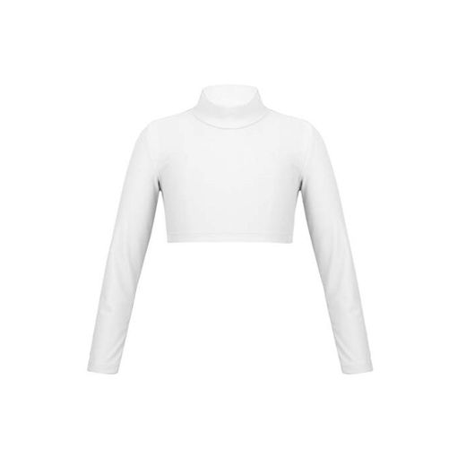 TiaoBug Camiseta Manga Larga Cuello de Polo Alto Elástico para Danza Entrenamiento de Niñas Crop Top Color Sólido Básico para Deporte Gimnasia Marfil 10 Años