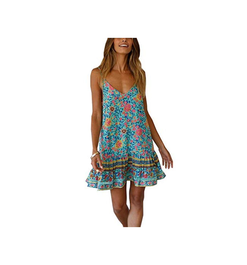 Product Ajpguot Vestido de Verano Mujer Impresión Mini Vestidos de Playa V-Cuello Manga