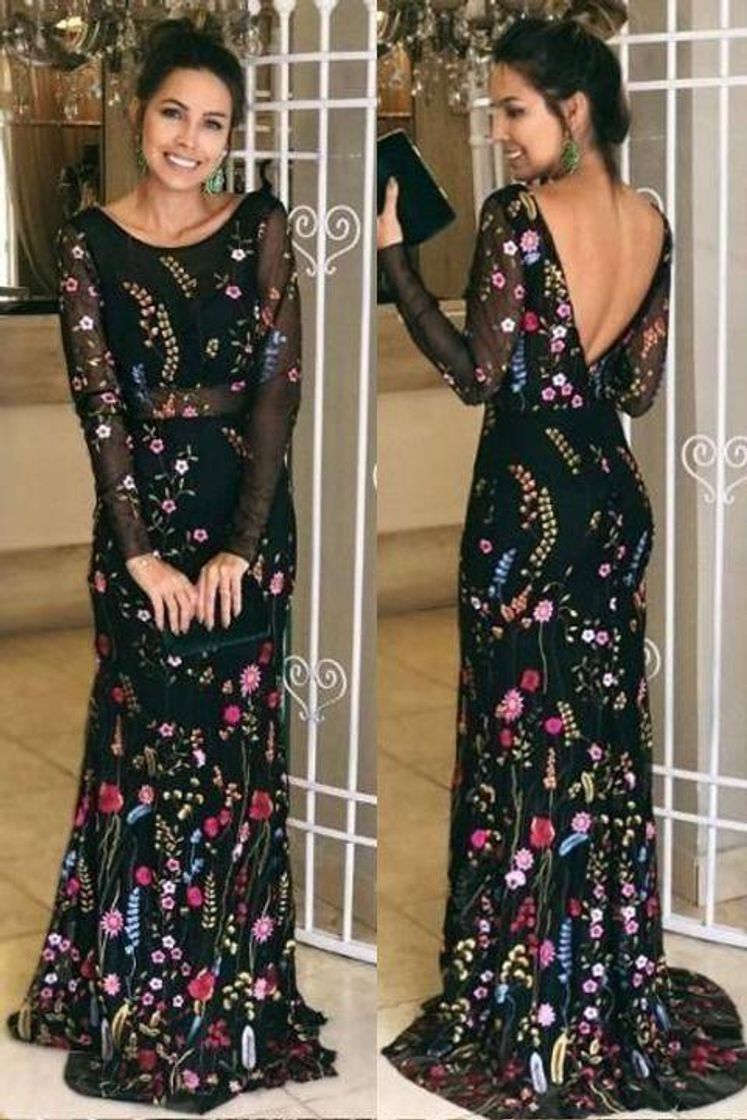 Fashion Vestido preto com flores 