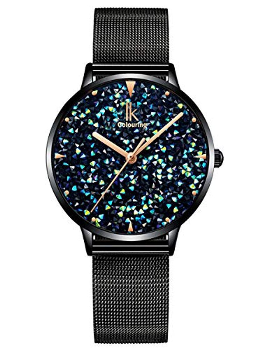 Productos Alienwork Reloj Mujer Relojes Acero Inoxidable Negro Analógicos Cuarzo Azul Impermeable Strass Purpurina Elegante