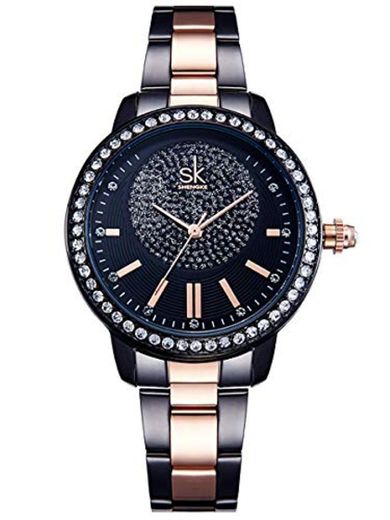 Alienwork Reloj Mujer Relojes Acero Inoxidable Negro Analógicos Cuarzo Impermeable Strass Purpurina Elegante