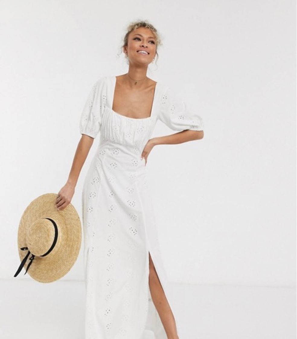 Fashion Square neck broderie prairie maxi dress in white 