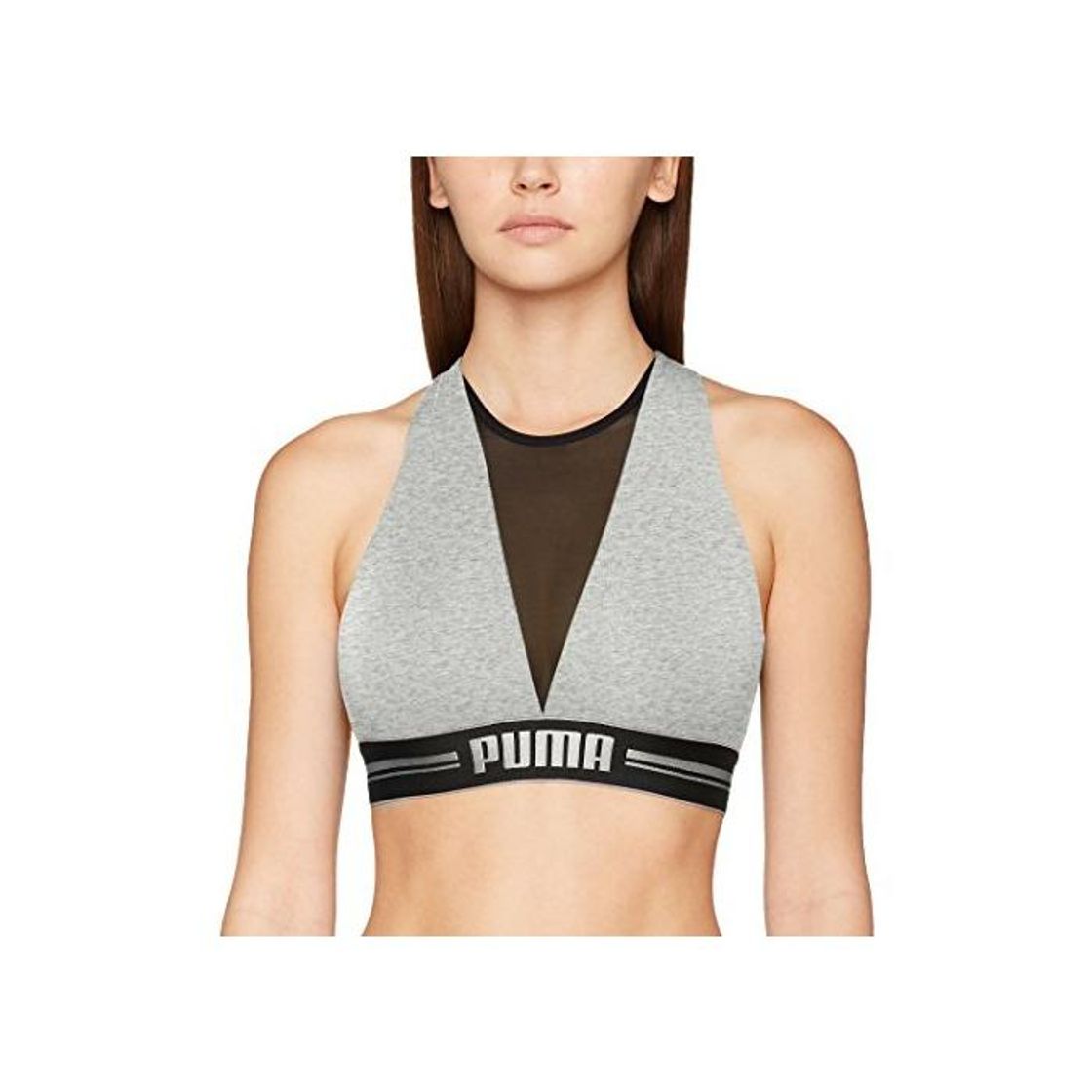 Fashion Puma High Neck Bra with Mesh 1P E-Com Ropa Interior, Mujer, Grey Melange/Silver