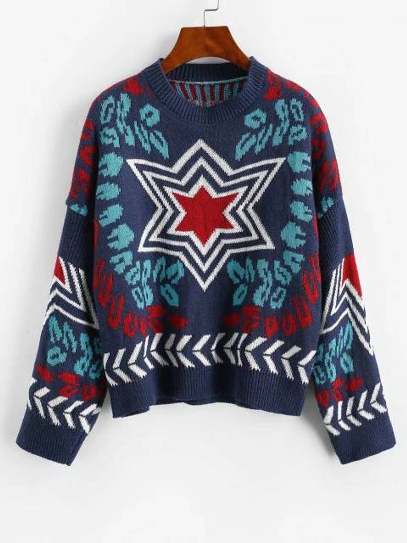 Fashion Loose Star Graphic Crew Neck Sweater - Deep Blue

