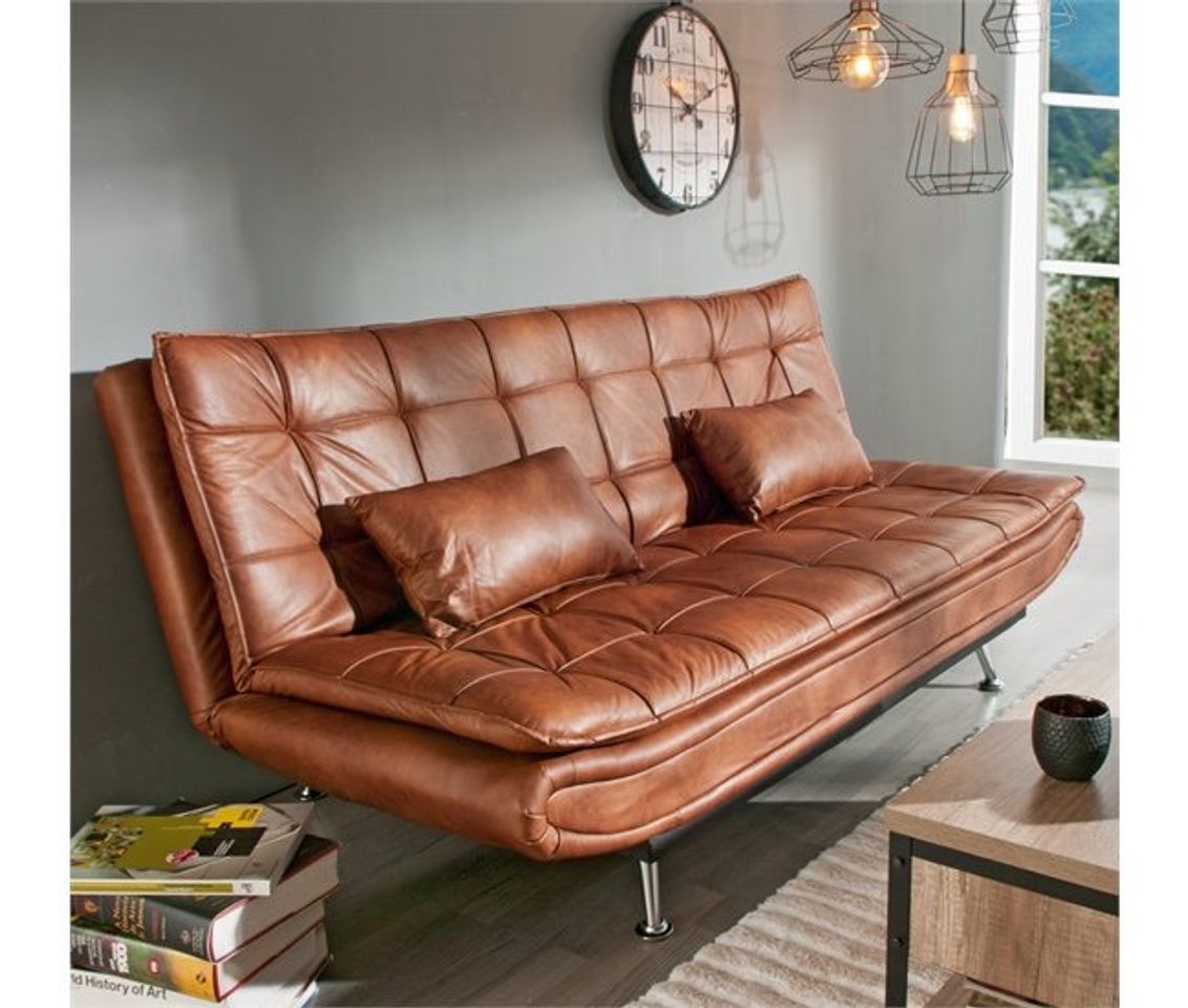 Social Sofá cama de pele sintética WILLEM Castanho Vintage