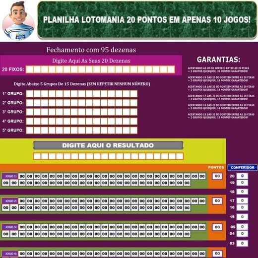 PLANILHA LOTOMANIA 20 PONTOS EM APENAS 10 JOGOS