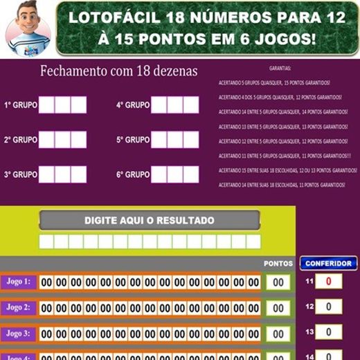 PLANILHA LOTOFÁCIL 18 DEZENAS PARA 12 À 15 PONTOS EM 6 JOGOS