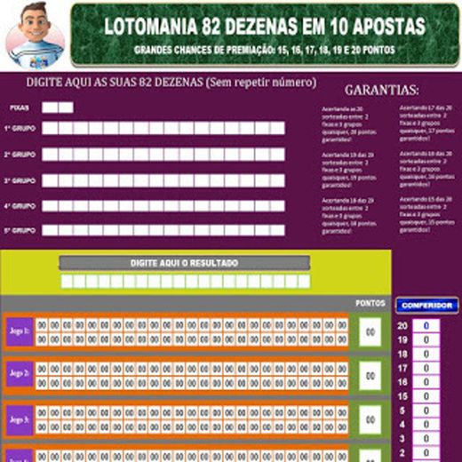 PLANILHA LOTOMANIA COM 82 DEZENAS EM 10 JOGOS