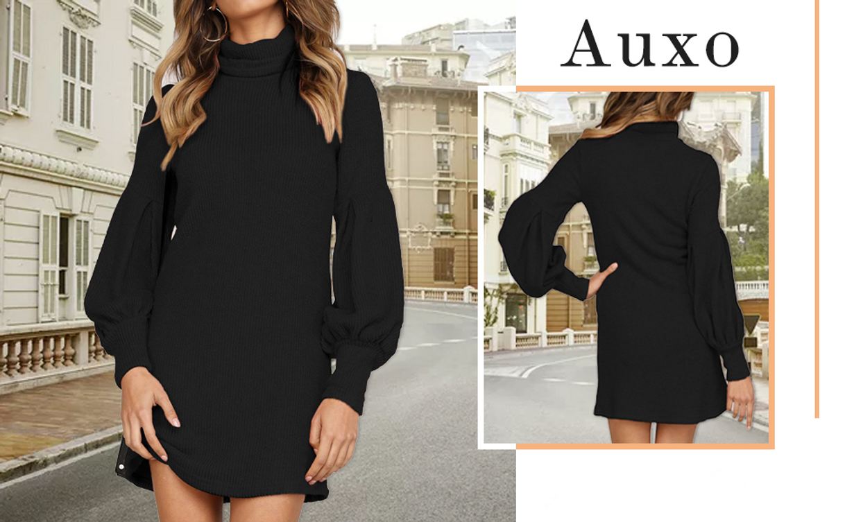 Fashion Auxo Vestido Negro a Punto Cuello Alto Suéter Larga Elegante Clásico para