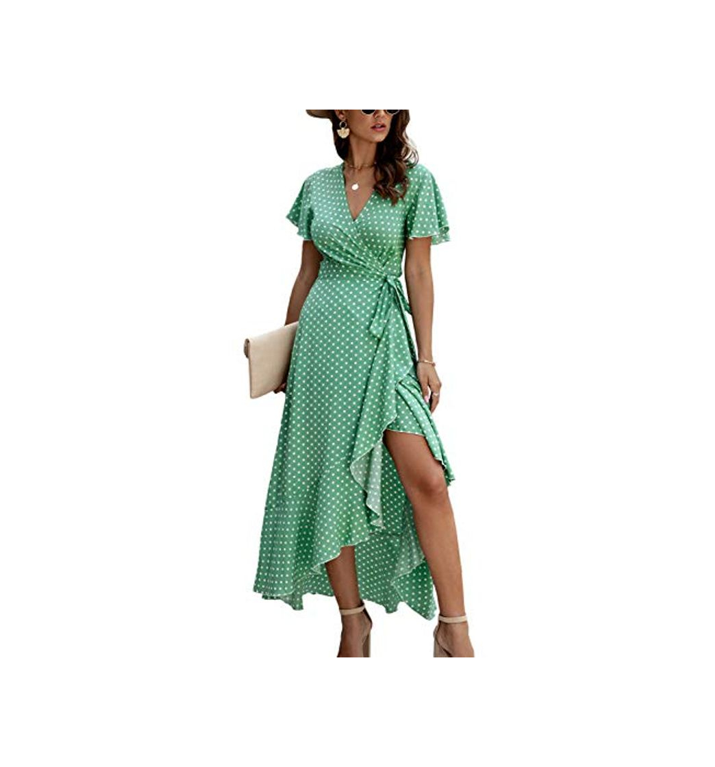 Fashion Vestido Casual de Verano para Mujer Vestidos de Playa Largos con Lunares Vintage Verde XXL