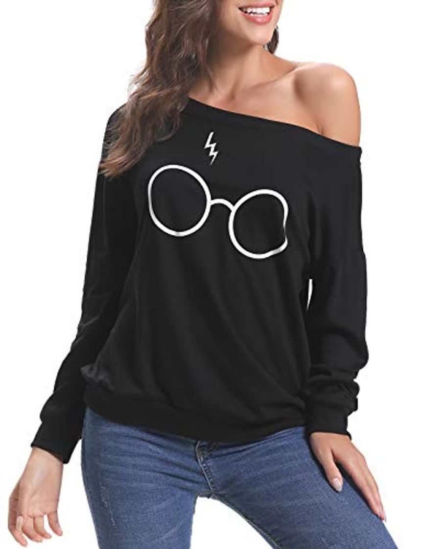 Moda iClosam Camiseta Manga Larga Hombros Descubiertos Harry Potter Suelto Algodón Sweatshirt Moda y Comodo para Mujer