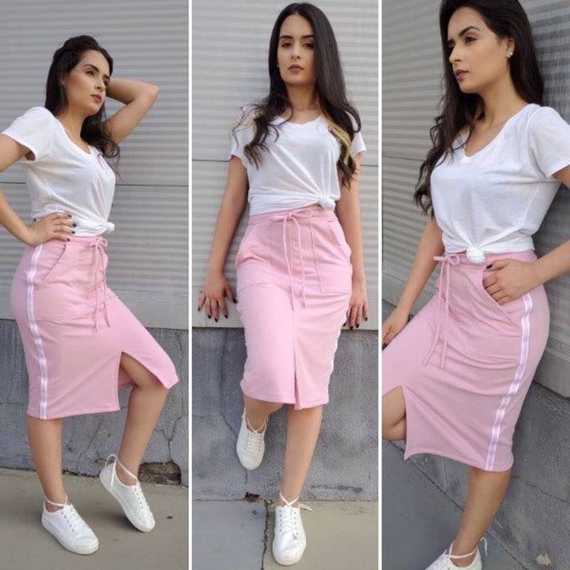 Social Saia rosa,laranja midi em moletinho com fenda frontal,bolso.