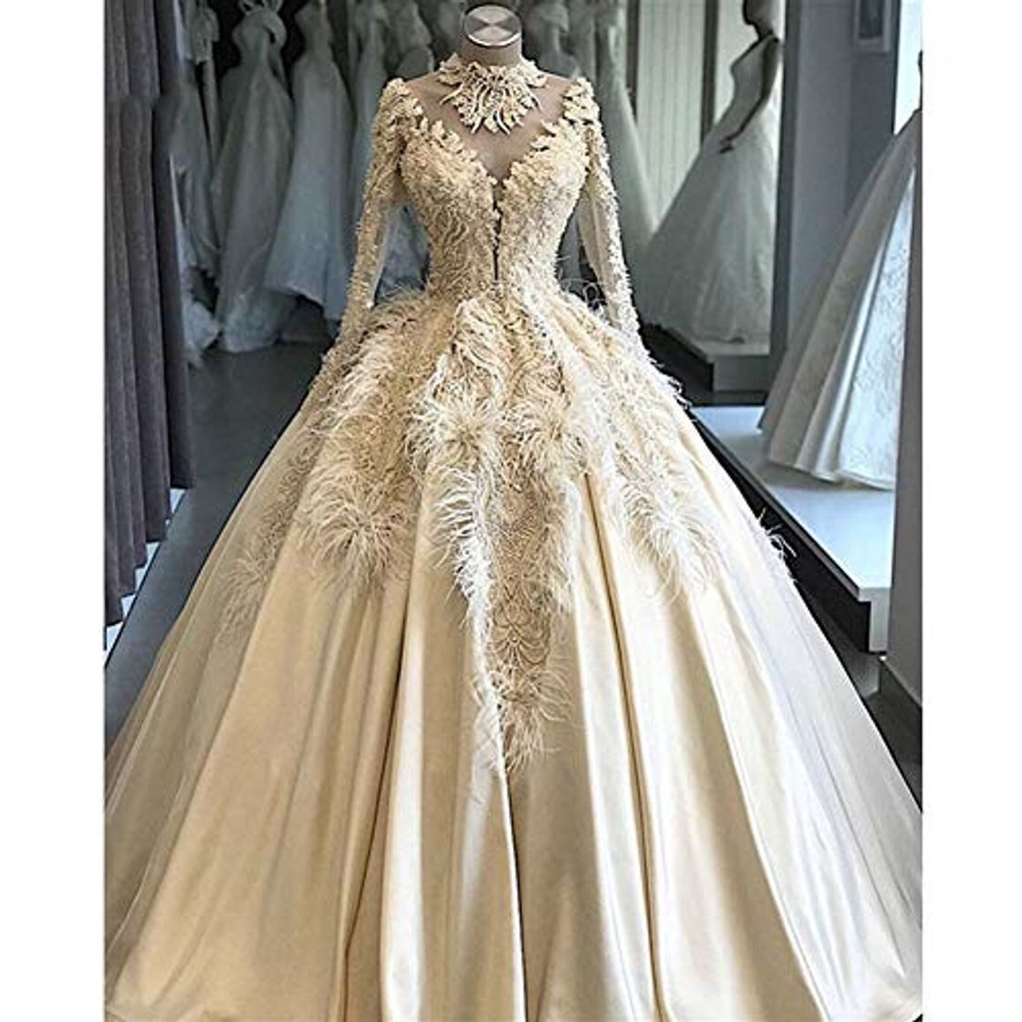 Moda Wedding dress,prom dresses Plumas personalizada elegante del cordón de lujo vestido de