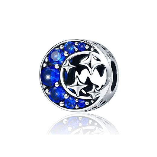 Abalorio De Mujer De Plata De Ley De 925 Estrella Lunar Charm Con Azul Zirconia Compatible Con Pulseras