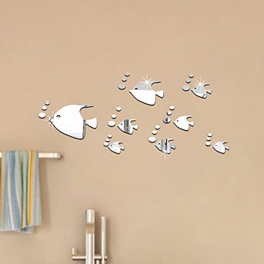 Producto ufengke® 8 Piezas 3D Peces Tropicales Efecto de Espejo Pegatinas de Pared Diseño de Moda Etiquetas del Arte Decoración del Hogar Plata