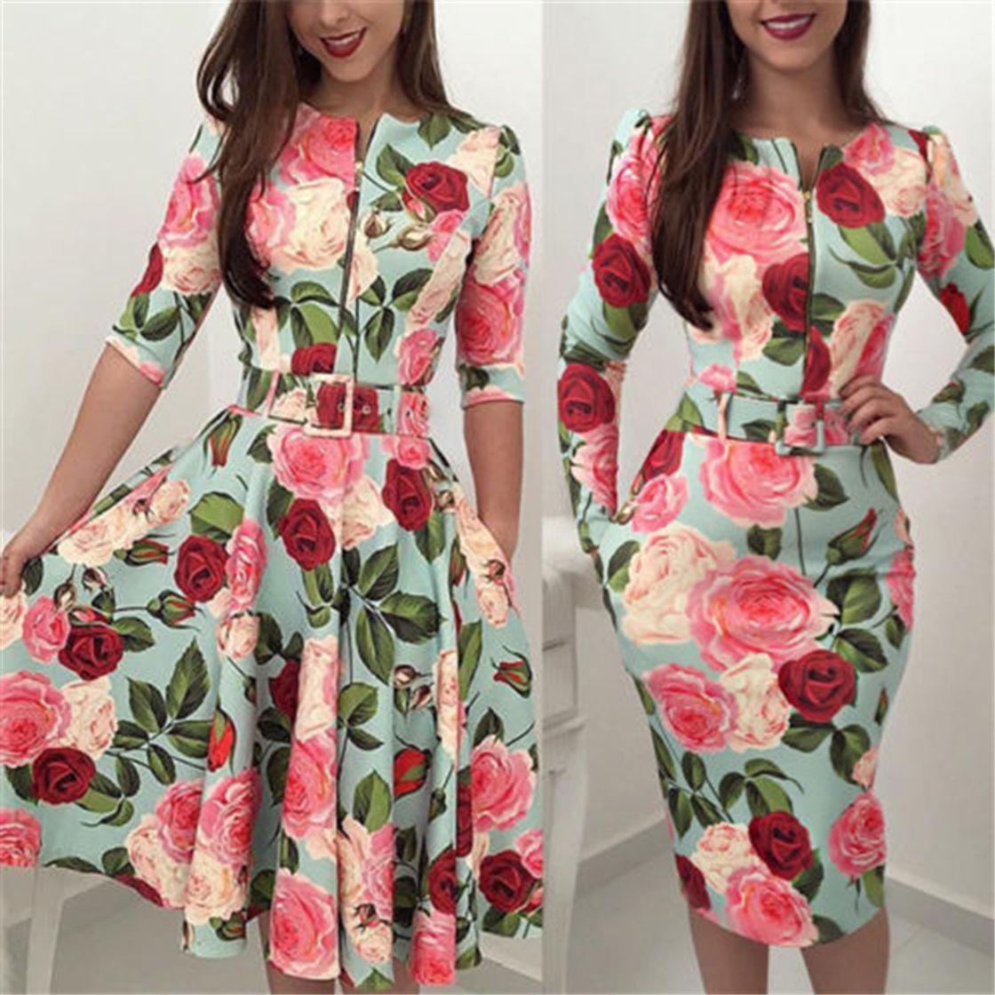 Social Vestido ajustado de manga larga con estampado floral