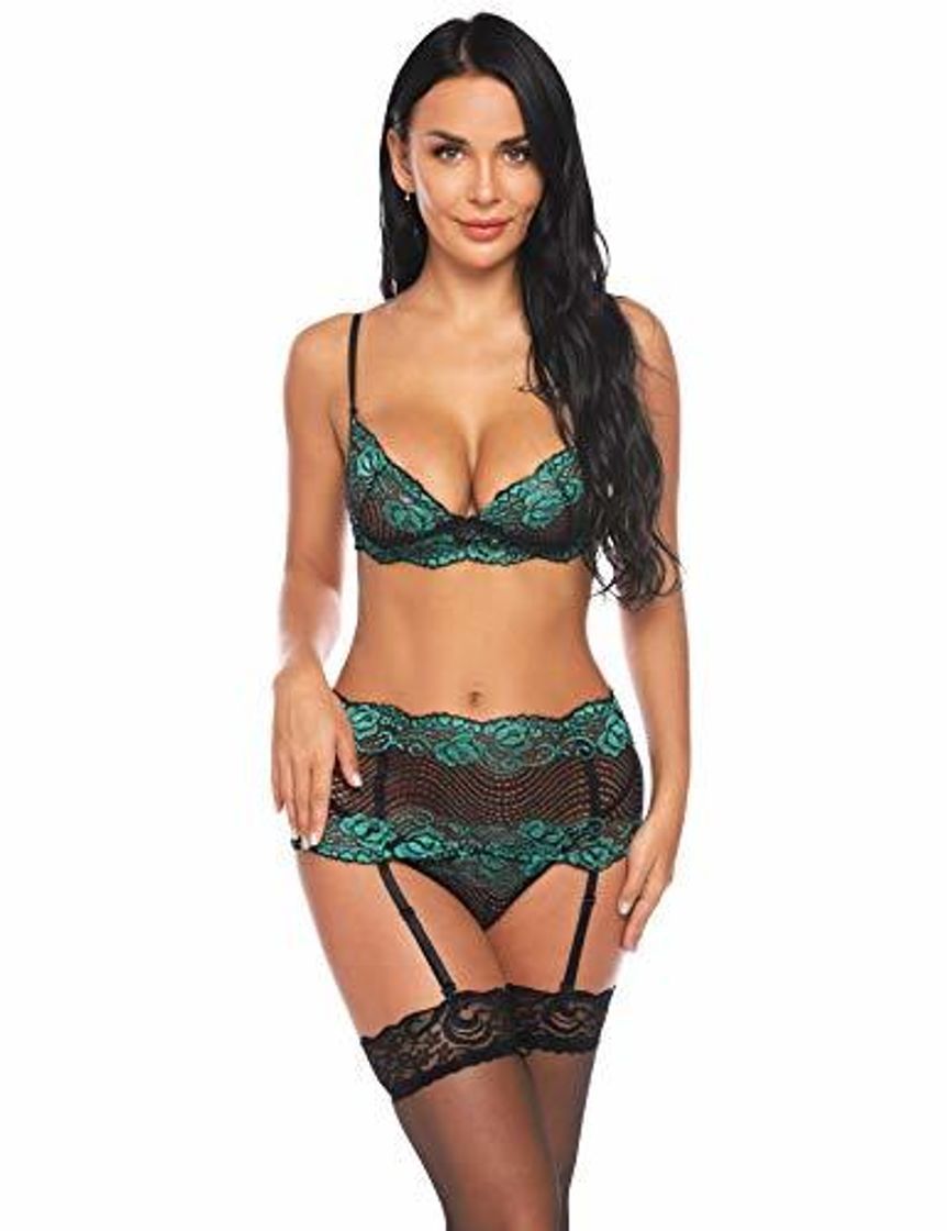 Product Sykooria Conjunto de Lencería Sexy Hueca Tirantes de Encaje Transparente Sujetadores Push