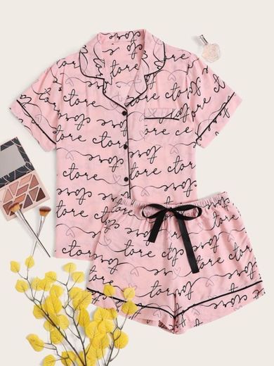 Pijama rosa com detalhe preto 