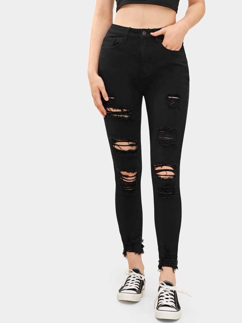 Fashion Calça Jeans Rasgada Preta