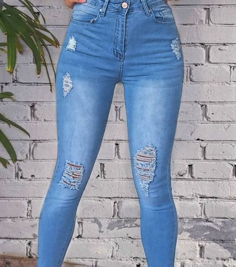 Azul Botão simples ocasional Jeans