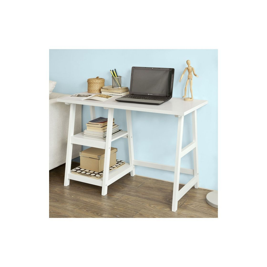 Social SoBuy® Mesa de Escritorio, Mesa de Ordenador con 2 estantes, Color Blanco,