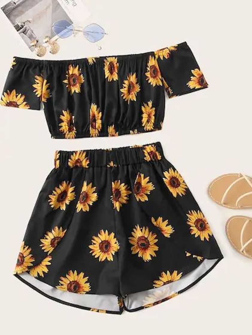 Fashion Conjunto de roupa estampado de girassol🌻