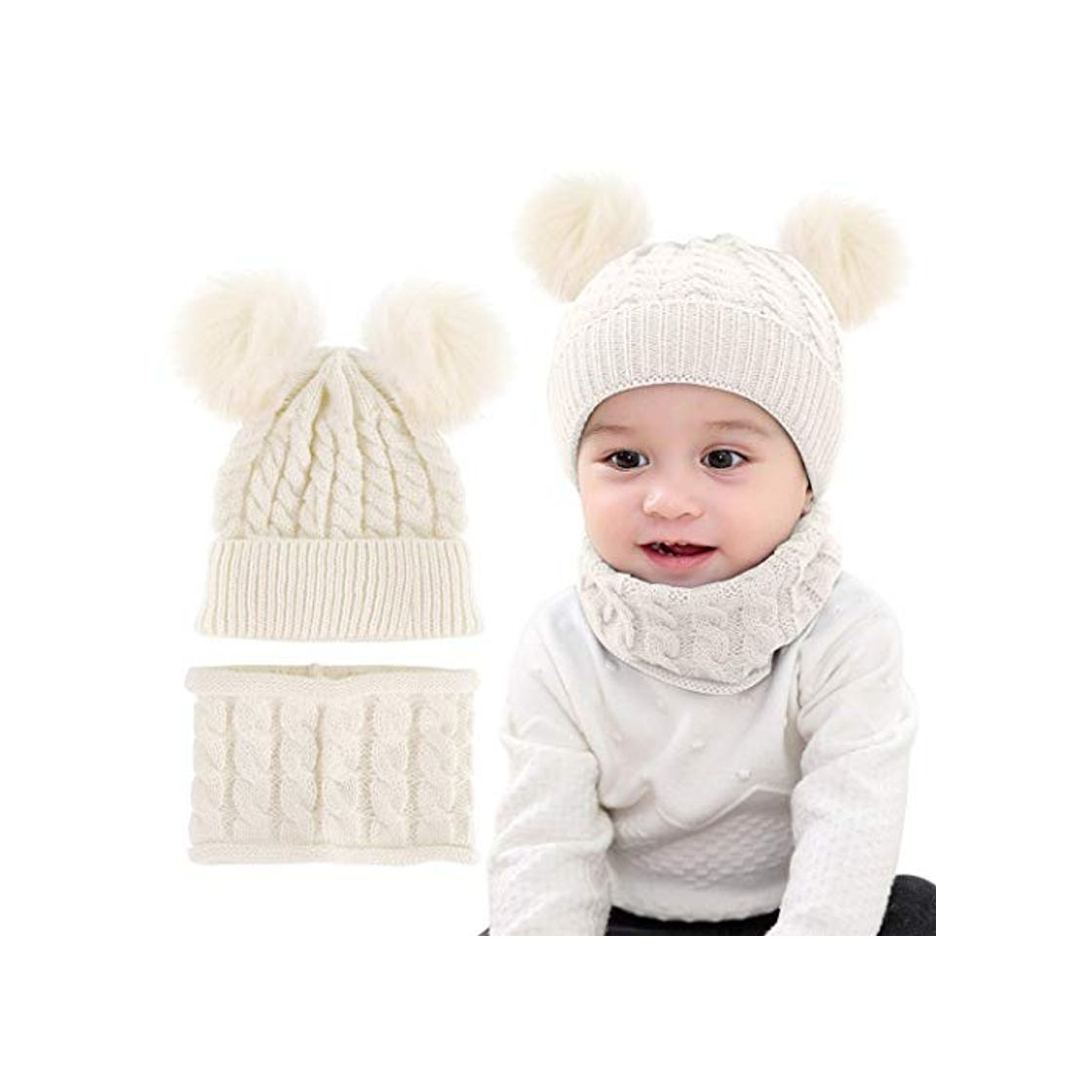 Fashion Yutdeng Bebé Gorros con Pompon y Bufanda de Punto Cuello Redondo Invierno