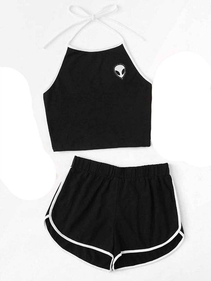 Moda Conjunto Cropped e Short Et Alien Ref 01 Cor Preto Estilo Tu