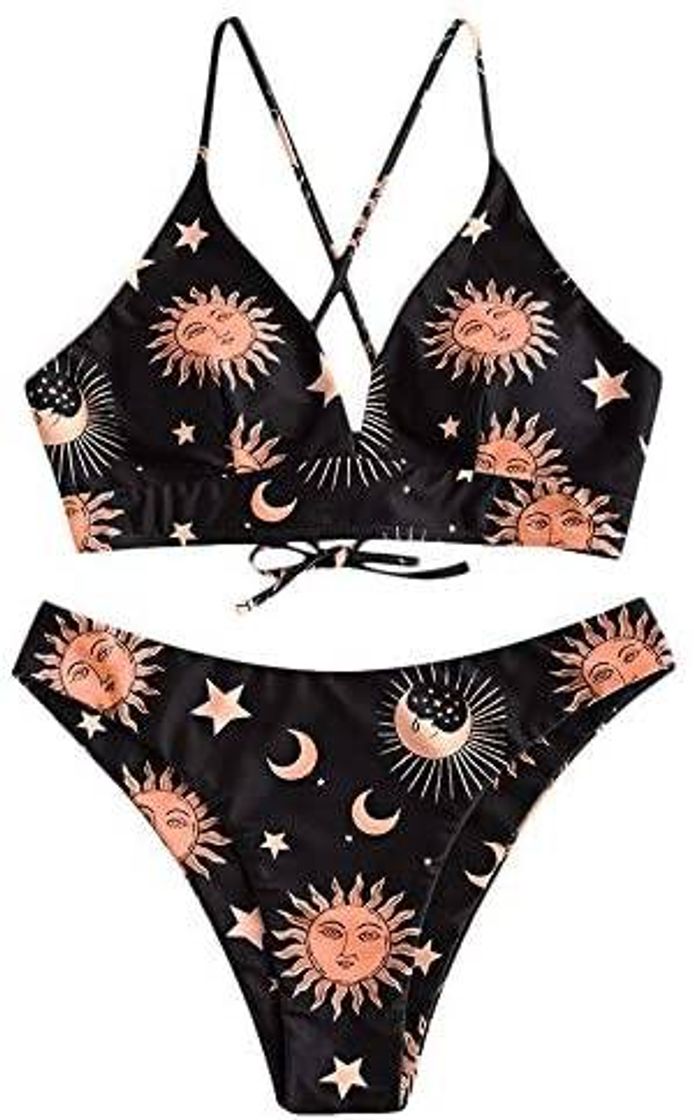 Fashion Zaful – Biquíni com estampa de estrela do sol e lua para mul