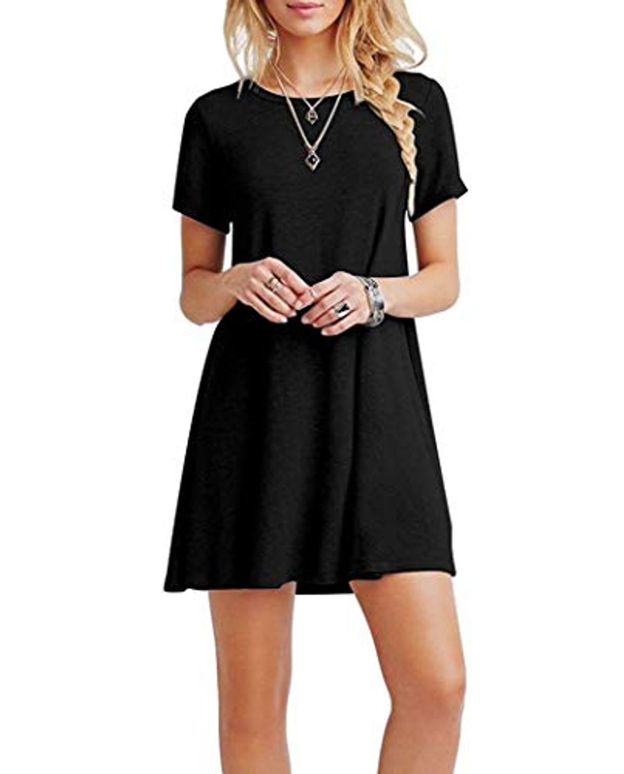 Moda Falechay Vestidos Mujer Verano Casual de Camiseta Suelto Cuello Redondo Basico Color Sólida Multifuncional Vestido Negro M