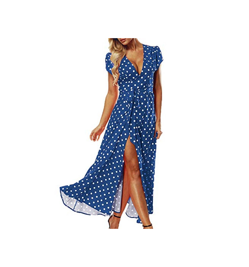 Producto ACHIOOWA Mujer Vestido Elegante Casual Playa Bohemio Dress Lunares Cuello V Manga Corta Escote Fiesta Cóctel Falda Larga Azul S