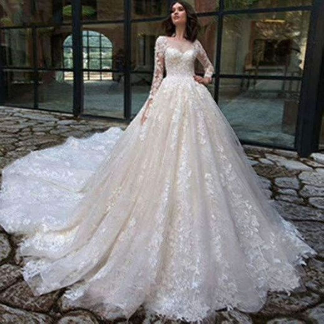 Social Vestido de novia Vestido de novia preciosa cosecha Apliques de tren capilla de encaje una línea de vestidos de boda atractivo con cuello redondo de manga larga Vestido de Noiva vestidos novia