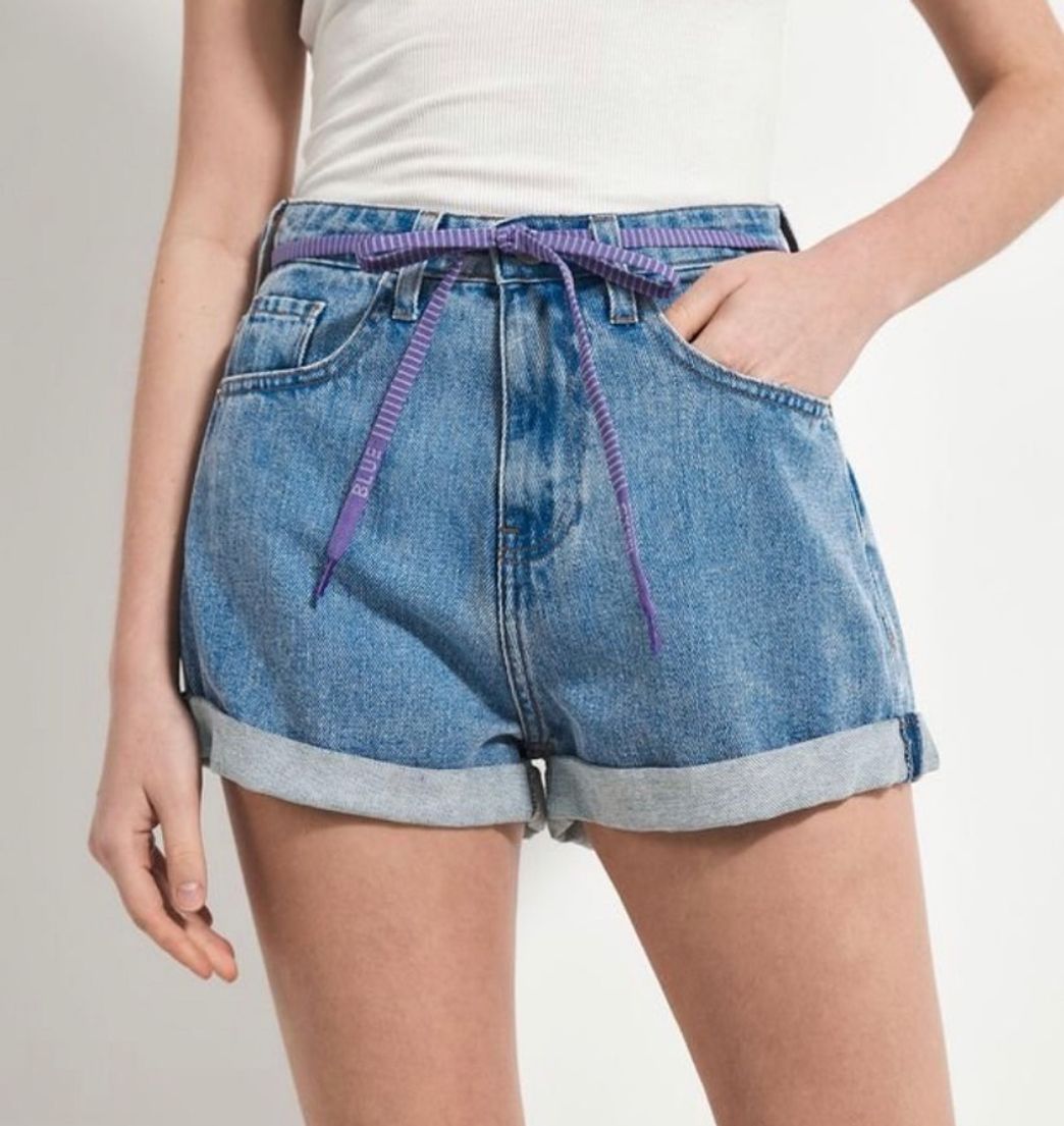 Moda Shorts Jeans Liso com Cinto de Cordão 