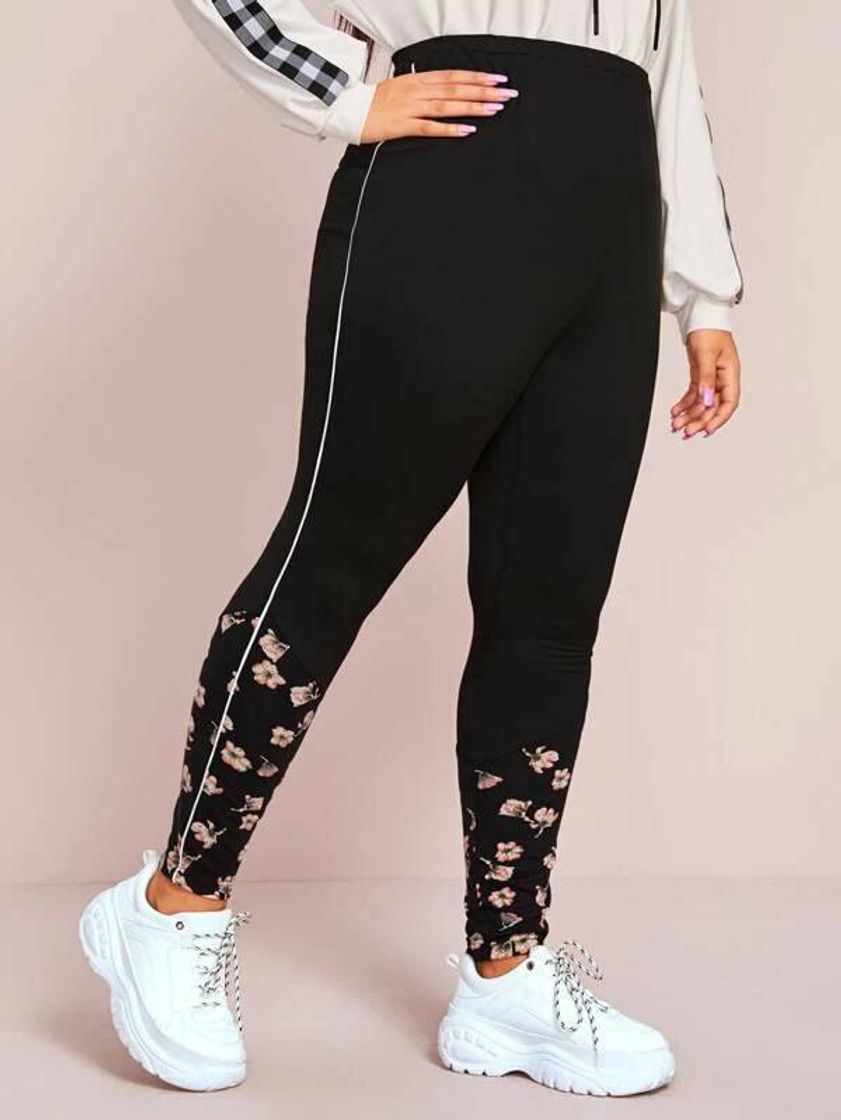 Fashion Leggings de lado unido en contraste con estampado floral -