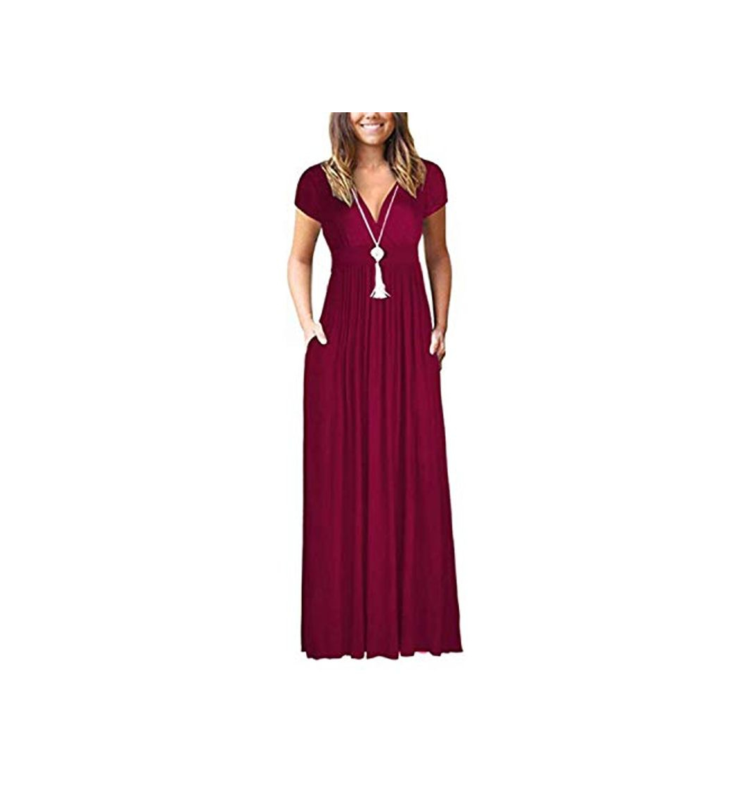 Moda Auxo Mujeres Casual Cuello en V Manga Corta Vestido Largo Cintura Alta Vestidos Largos Lisos Sueltos Vestido de Fiesta con Bolsillos Rojo XL